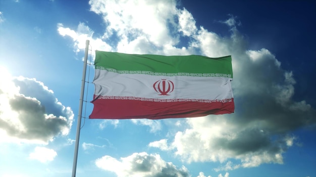 Drapeau de l'Iran agitant au vent contre le beau ciel bleu illustration 3d