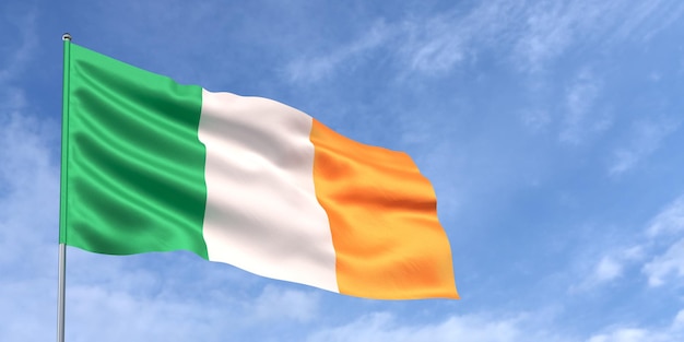 Drapeau irlandais sur mât sur fond de ciel bleu Drapeau irlandais agitant au vent sur un fond de ciel avec des nuages blancs Place pour le texte illustration 3d