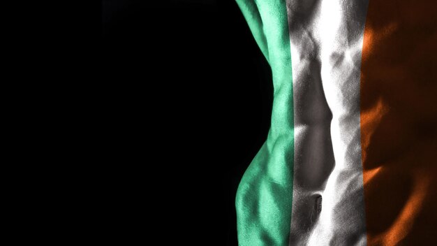 Drapeau de l'Irlande sur l'entraînement sportif national des muscles abdominaux, concept de musculation, fond noir