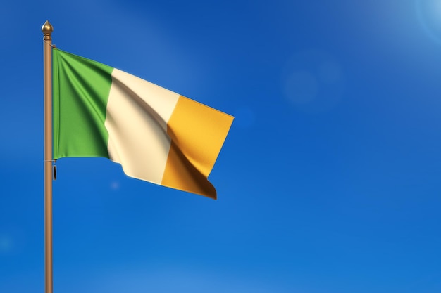 Photo drapeau de l'irlande soufflé par le vent avec un ciel bleu en arrière-plan