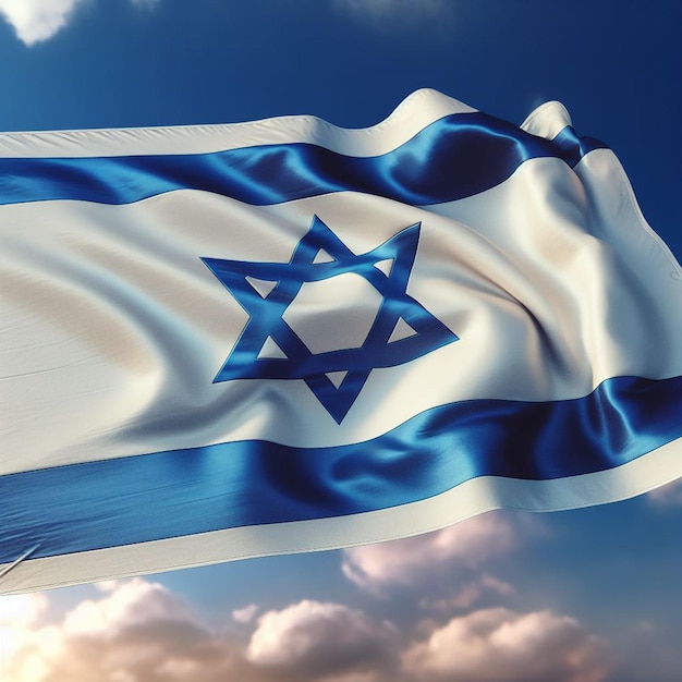 Le drapeau israélien agitant sur un ciel bleu nuageux