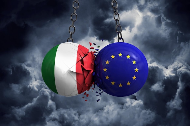 Le drapeau de l'Italie et les balles politiques de l'Union européenne s'entrechoquent Rendu 3D