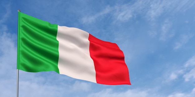 Drapeau de l'Italie sur le mât de drapeau sur fond de ciel bleu Drapeau italien agitant dans le vent sur un fond de ciel avec des nuages Place pour le texte illustration 3d