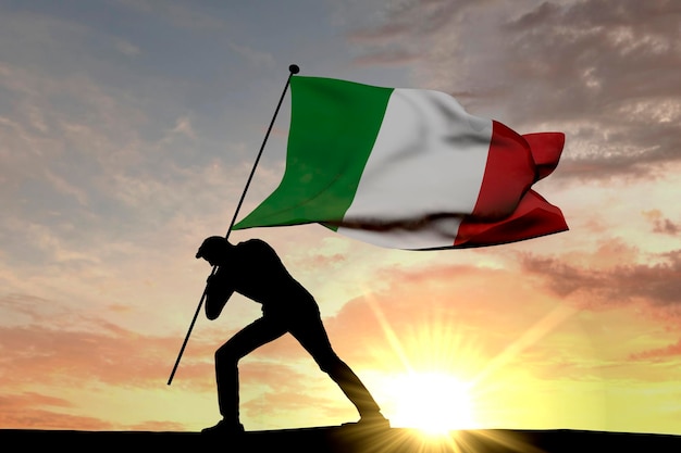 Drapeau italien poussé dans le sol par une silhouette masculine rendu 3D