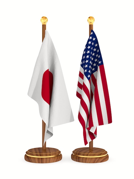 Drapeau japonais et américain sur fond blanc Illustration 3D isolée