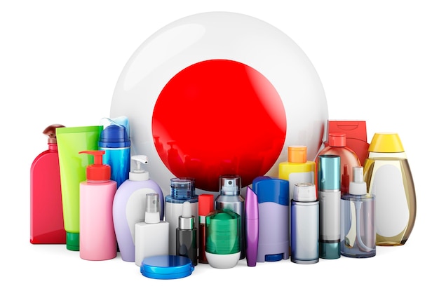 Photo drapeau japonais avec des bouteilles de cosmétiques, des produits de soins du visage, de la peau et du corps, rendu 3d isolé sur fond blanc