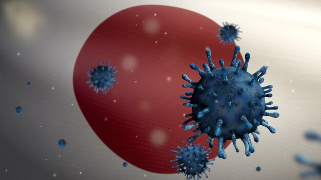 Drapeau japonais avec l'épidémie de coronavirus infectant le système respiratoire comme une grippe dangereuse. Virus Covid 19 de type grippe avec bannière nationale du Japon soufflant à l'arrière-plan. Notion de risque de pandémie