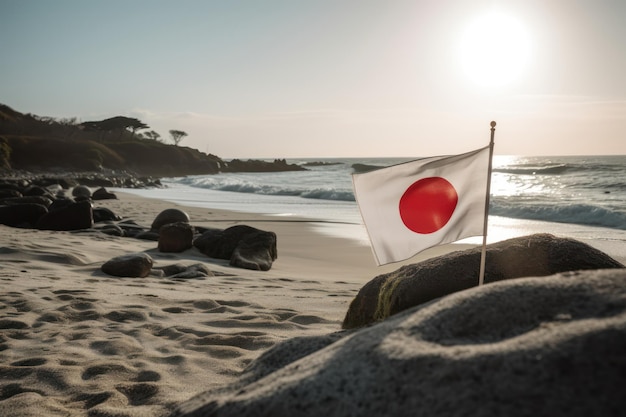 Un drapeau japonais sur une plage avec le coucher de soleil derrière lui.