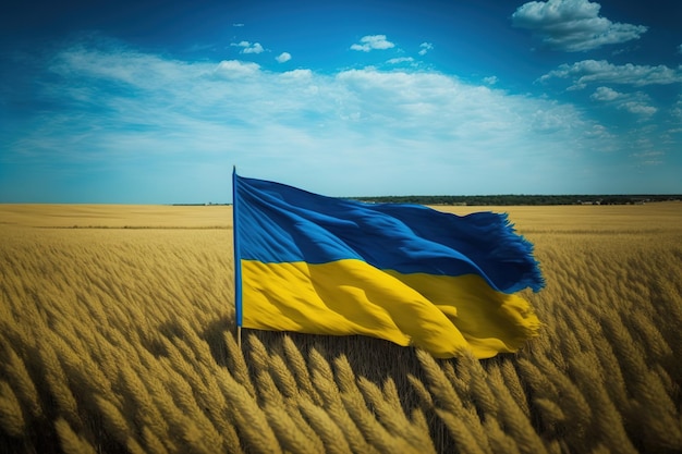Le drapeau jaune bleu de l'Ukraine est vu au sommet du champ de blé ukrainien de blé mûr