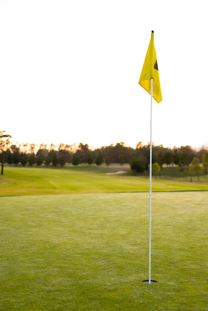 Photo drapeau jaune de golf dans le trou au milieu d'un paysage herbeux contre des arbres et un ciel clair au coucher du soleil