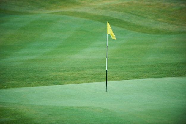 Drapeau jaune sur un parcours de golf vert