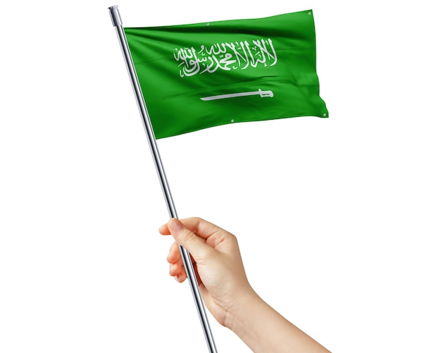 Photo drapeau ksa à la main agitant le drapeau du royaume d'arabie saoudite