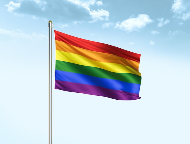 Drapeau LGBT agitant dans un ciel bleu avec des nuages Illustration 3D du drapeau LGBT