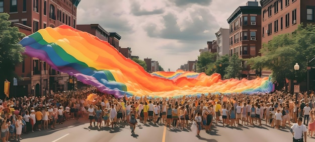 Drapeau LGBT arc-en-ciel géant porté par la foule