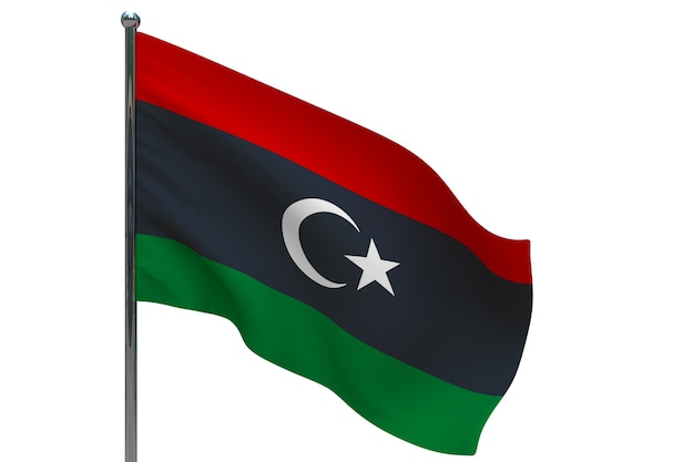 Drapeau de la Libye sur le poteau. Mât de drapeau en métal. Drapeau national de la Libye illustration 3D sur blanc