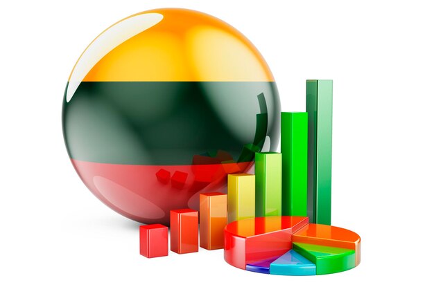 Drapeau lituanien avec graphique à barres de croissance et graphique à pie Statistiques économiques de la finance des entreprises en Lituanie concept rendu 3D