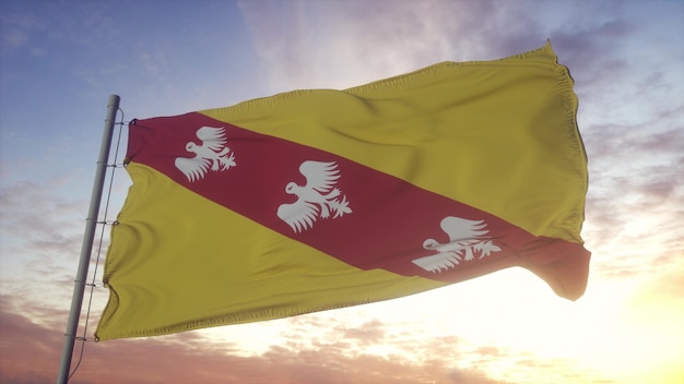 Drapeau Lorraine, France, ondulant dans le vent, le ciel et le soleil. rendu 3D