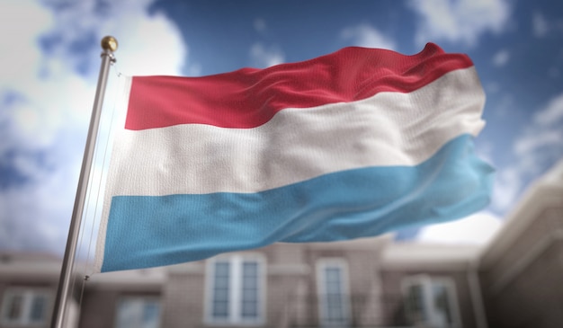 Drapeau luxembourgeois 3D rendu sur fond bleu de fond de ciel