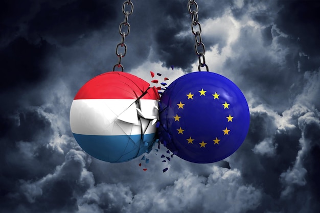 Le drapeau luxembourgeois et les balles politiques de l'Union européenne s'entrechoquent Rendu 3D