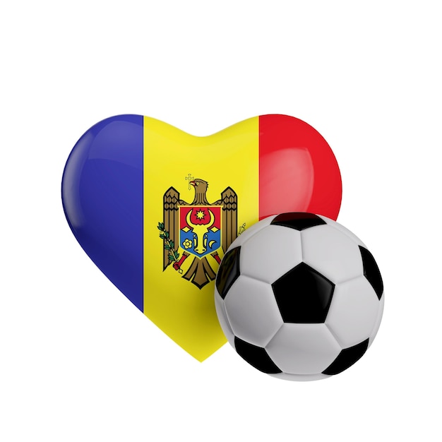 Drapeau de la Moldavie en forme de coeur avec un ballon de football Love football 3D Rendering