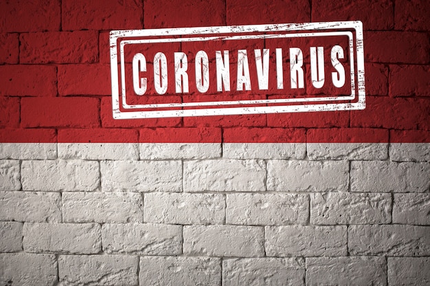 Drapeau de Monaco aux proportions originales. estampillé du Coronavirus. texture de mur de briques. Notion de virus corona. Au bord d'une pandémie COVID-19 ou 2019-nCoV.