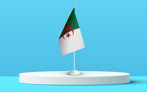 Le drapeau national de l'Algérie sur un podium 3D et un arrière-plan bleu.