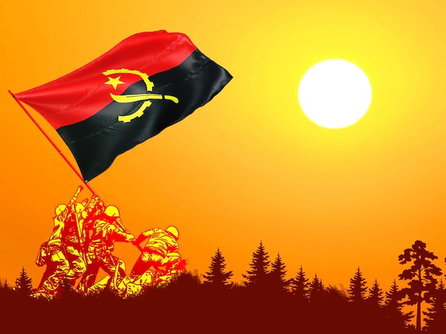 Drapeau national de l'Angola hissé par de courageux combattants de la liberté, anciens combattants, symbole de l'indépendance nationale