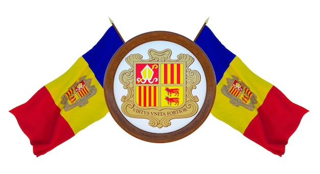 Drapeau national et les armoiries Illustration 3D de l'arrière-plan de la Barbade avec le drapeau d'Andorre