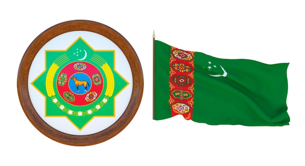 Drapeau national et armoiries Illustration 3D du Turkménistan