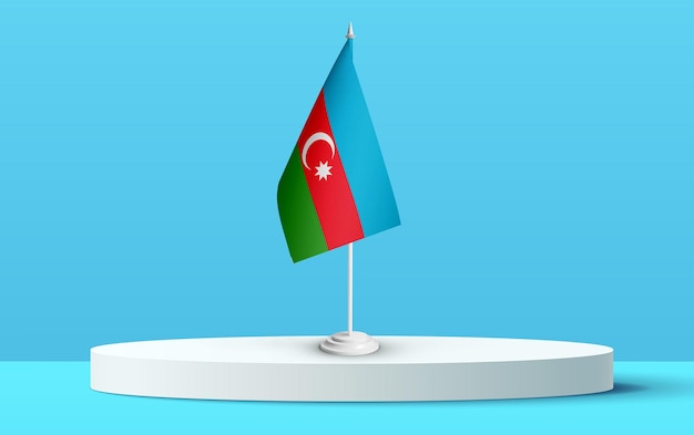 Photo le drapeau national de l'azerbaïdjan sur un podium 3d et un arrière-plan bleu.