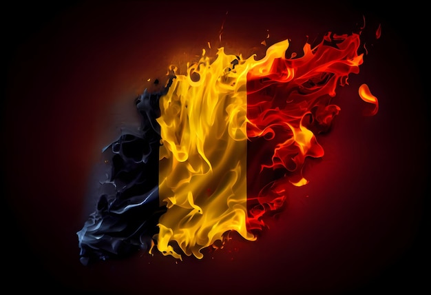 Drapeau national de la Belgique fabriqué à partir de feu coloré ou de fumée isolé sur fond noir Arrière-plan ondulé soyeux abstrait