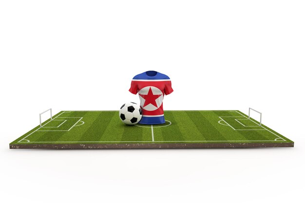 Drapeau national de chemise de football de la Corée du Nord sur un terrain de football rendu 3D