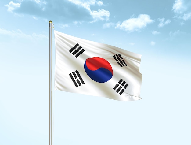 Drapeau national de la Corée du Sud agitant dans un ciel bleu avec des nuages Illustration 3D du drapeau de la Corée du Sud