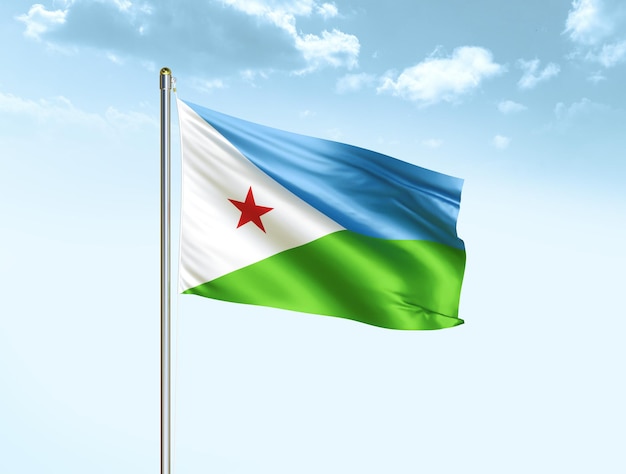 Drapeau national djiboutien agitant dans un ciel bleu avec des nuages Illustration 3D du drapeau djiboutien