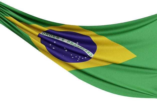 Le drapeau national du Brésil Agitant un drapeau en tissu avec une texture drapée sur un fond blanc Uni Rendu 3D