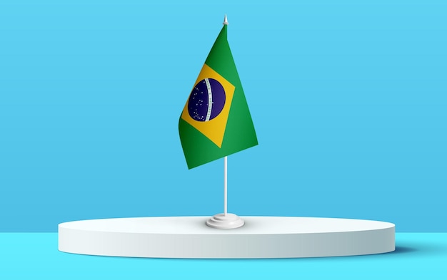 Le drapeau national du Brésil sur un podium 3D et un arrière-plan bleu.