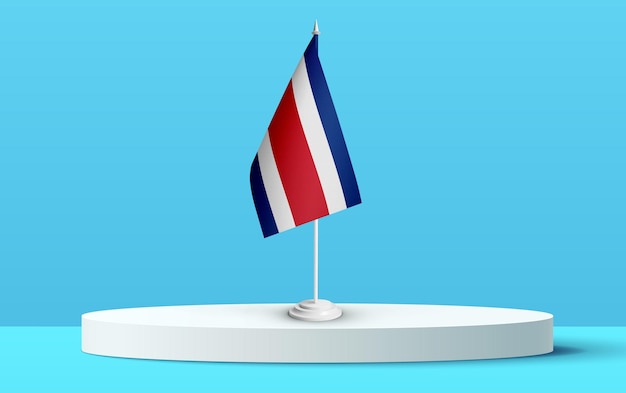 Le drapeau national du costa_rica sur un podium 3D et un arrière-plan bleu.