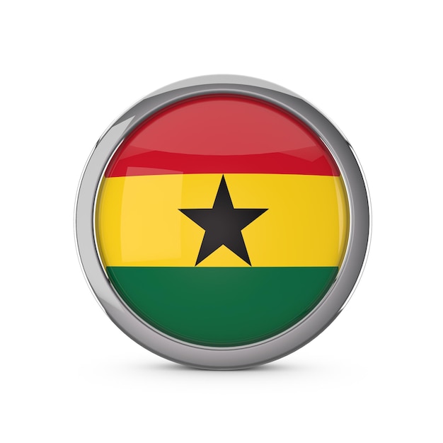 Drapeau national du Ghana en forme de cercle brillant avec cadre chromé rendu 3D