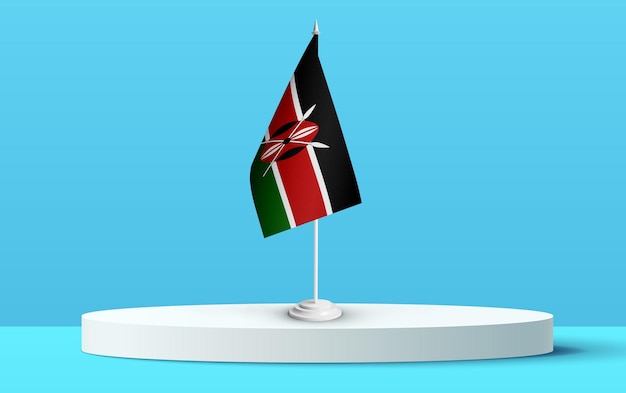 Le drapeau national du kenya sur un podium et un arrière-plan bleu.