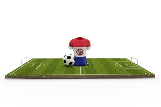 Drapeau national du maillot de football du Paraguay sur un terrain de football rendu 3D