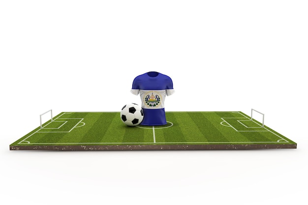 Drapeau national du maillot de football d'El Salvador sur un terrain de football rendu 3D