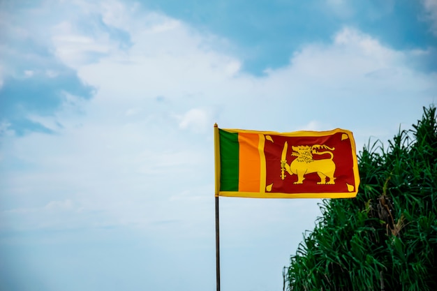 Le drapeau national du Sri Lanka battant contre le ciel nuageux bleu avec bush vert en arrière-plan. Espace pour votre texte