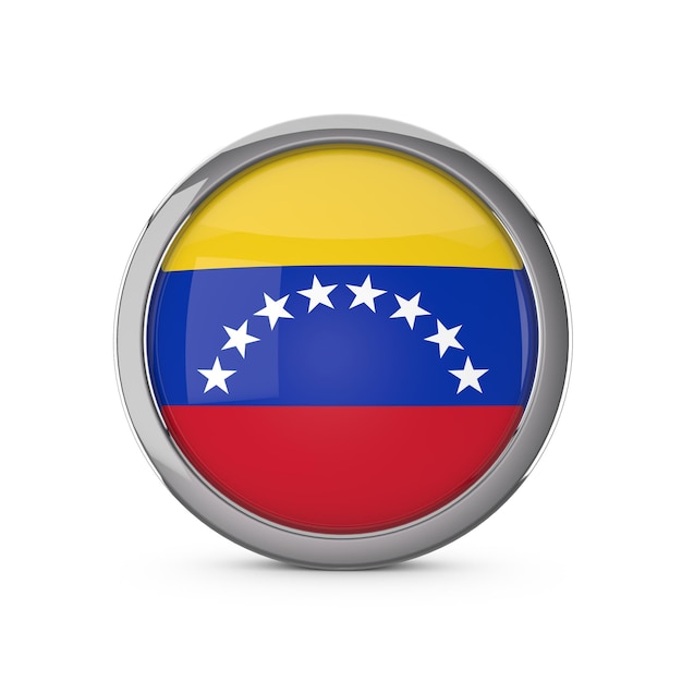 Drapeau national du Venezuela en forme de cercle brillant avec cadre chromé rendu 3D