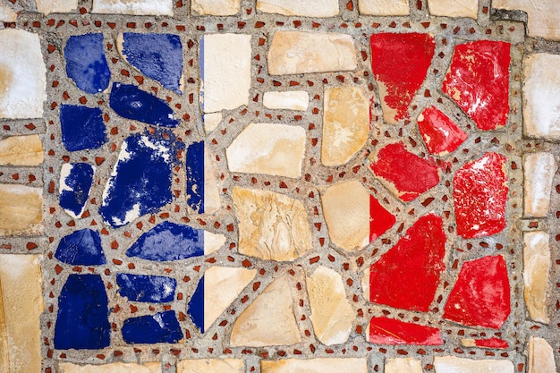 Drapeau National De La France Sur Fond De Mur De Pierre Bannière Drapeau Sur Fond De Texture De Pierre