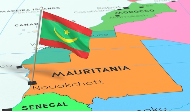 Photo le drapeau national de la mauritanie, nouakchott, est fixé sur une carte politique en 3d.