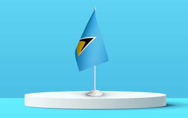 Le drapeau national de saint_lucia sur un podium 3D et un arrière-plan bleu.