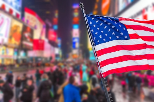 Drapeau national des États-Unis sur la rue Times Square avec une immense foule estompée