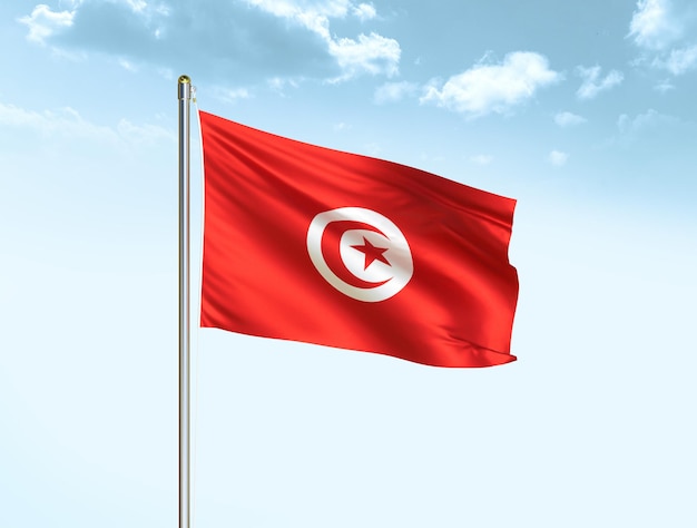 Drapeau national tunisien agitant dans un ciel bleu avec des nuages Illustration 3D du drapeau tunisien