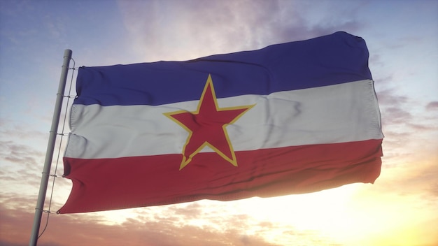 Le drapeau national de la Yougoslavie flotte dans le vent rendu 3d