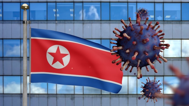 Drapeau nord-coréen en 3D avec une épidémie de coronavirus infectant le système respiratoire comme une grippe dangereuse. Virus Covid 19 de type grippe avec bannière nationale de Corée soufflant à l'arrière-plan.